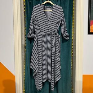 Mlle Gabrielle Striped Asymmetrical Hem Midi-Dress Sz L